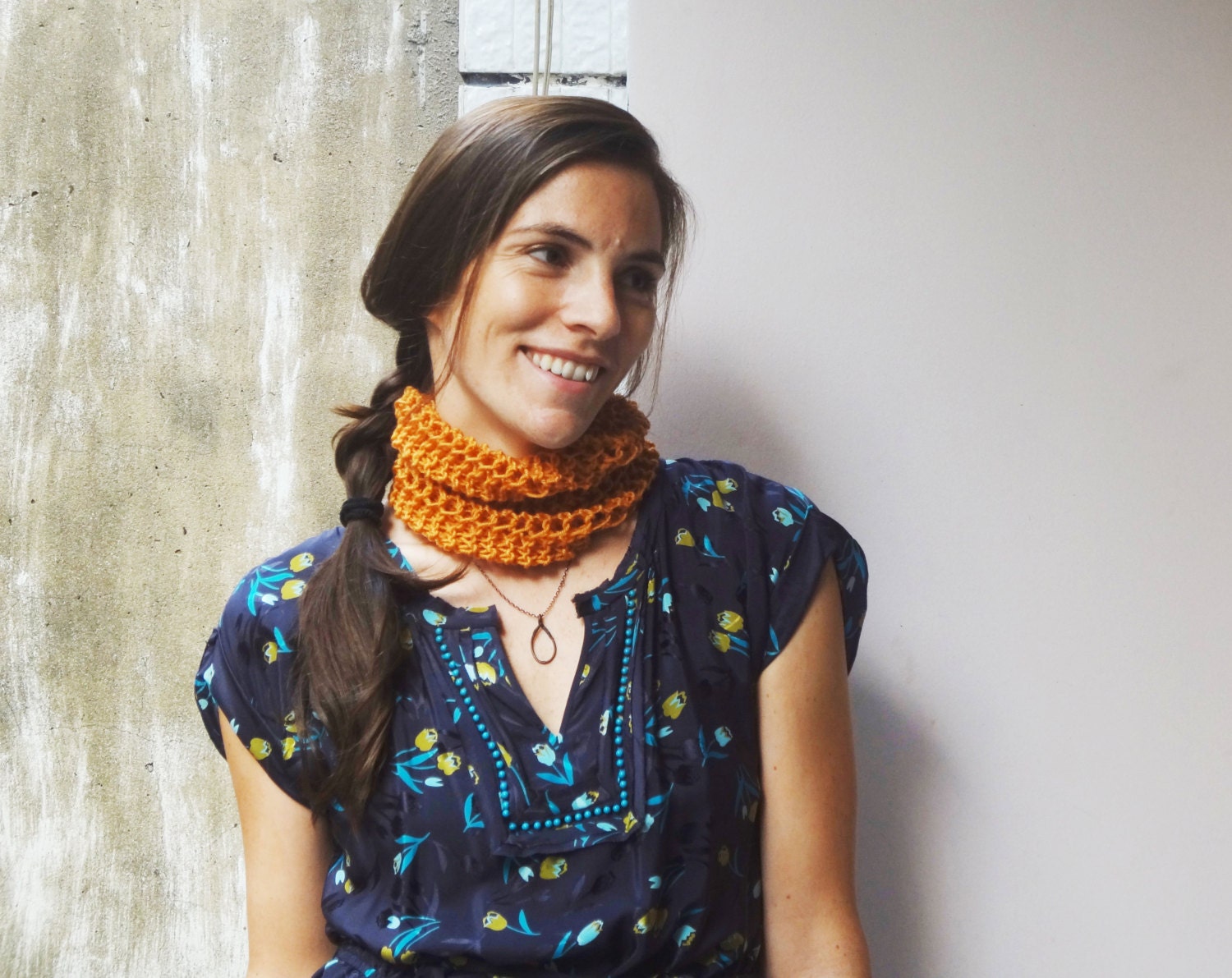 Knit Cowl Scarf - tangerine pumpkin orange - fall winter fashion - womens accessories boho circle scarf  - teen gift for her under 25