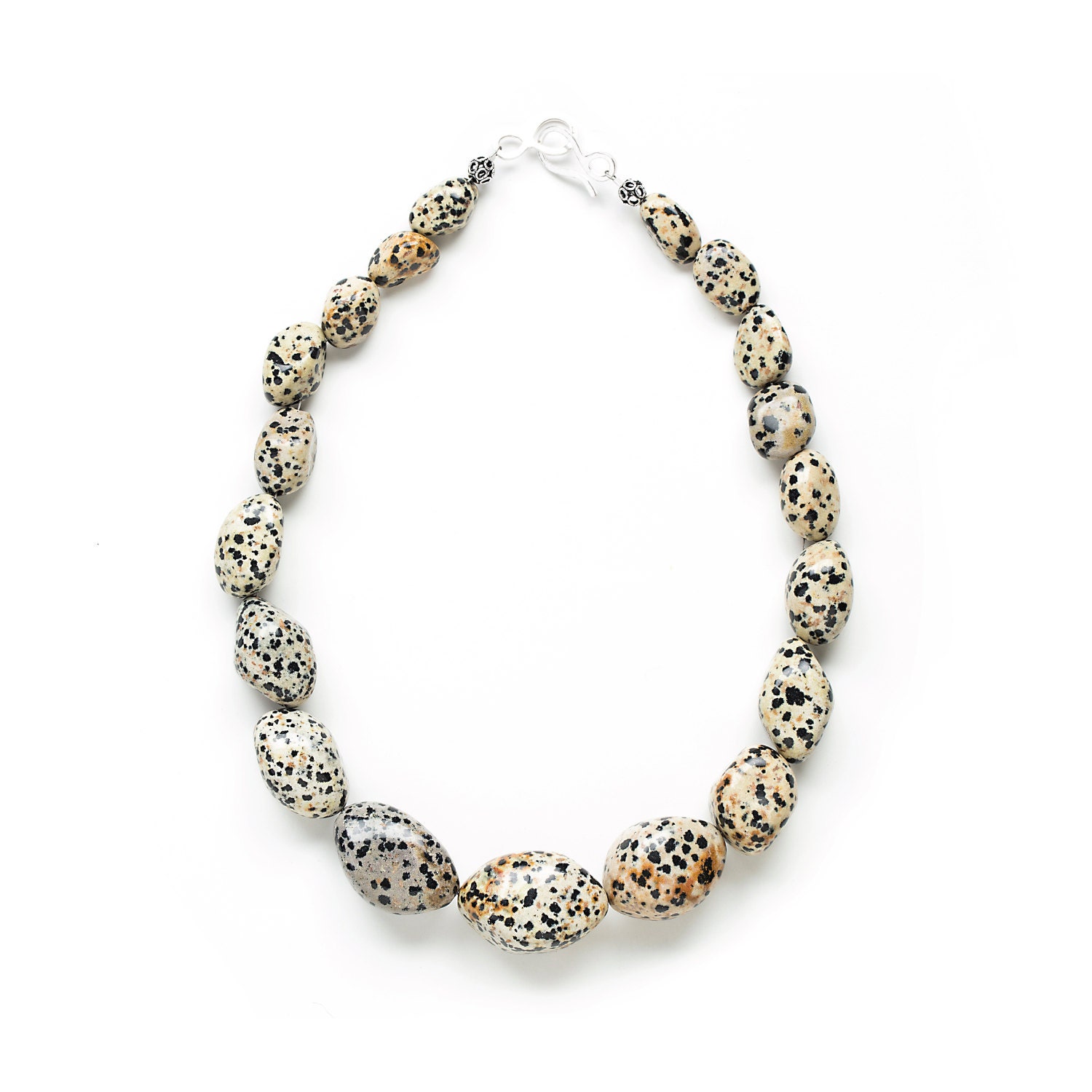 Spotted Leopard Statement Necklace by Kluster. Animal Print Chunky Bead Necklace. Jasper Nugget Gemstone Necklace. 100% Sterling Silver.