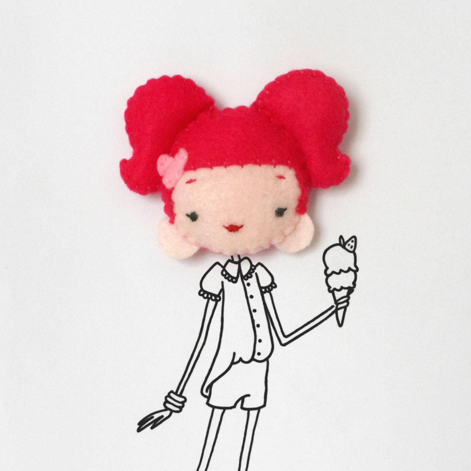 Hot pink brooch, girl face felted and stuffed pin, softie, made to order