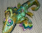 imaginative ceramic animal sculpture one of a kind 4"tall 10 1/2" long- almost 7"wide