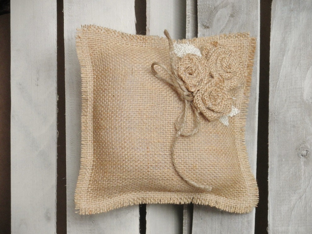 8" x 8" Natural Burlap Ring Bearer Pillow w/ Burlap Rosettes/Jute Twine Detail- Rustic/Country/Shabby Chic/Folk/Wedding
