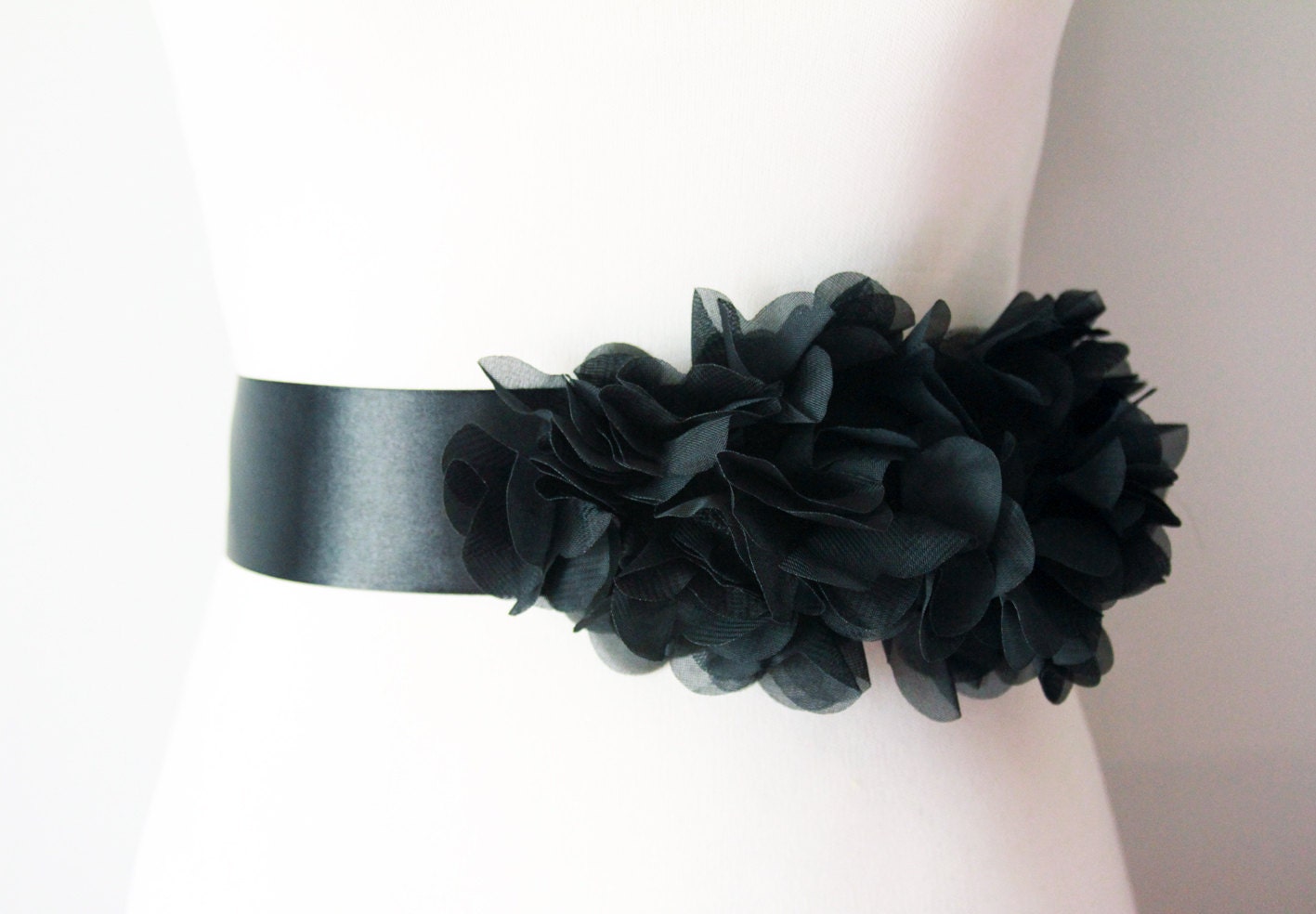 Bridal Black Chiffon Flower Sash Posh Ribbon Belt - Vintage Inspired Wedding Dress Sashes, Night Dress Belts