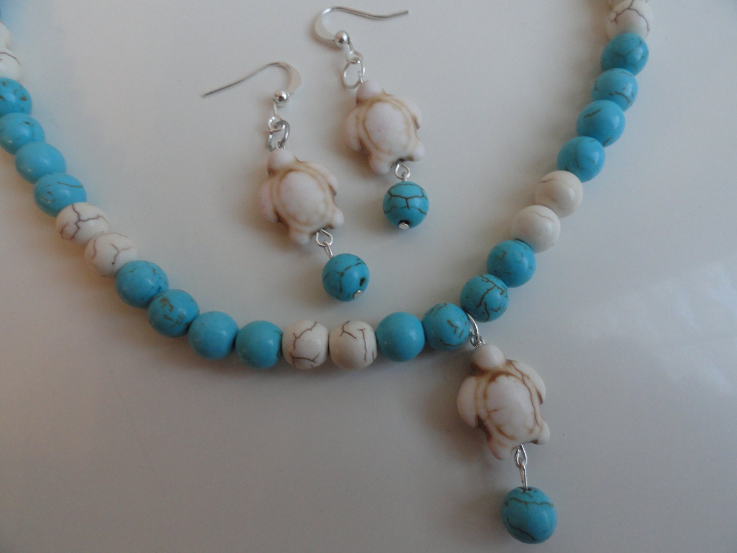 Turtles Statement Necklace Genuine Turquoise and Bone Beads / Beige Turtle Charm. Matching Earrings OOAK  Beach Resort Wear