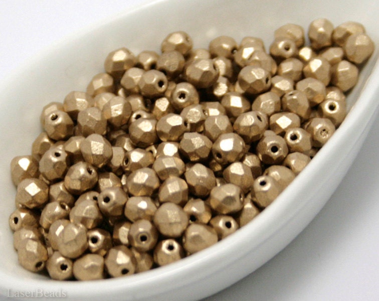 Gold Czech Fire Polished Beads 4mm (50) Opaque Round Glass Small Polish Faceted Frosted Matte Metallic