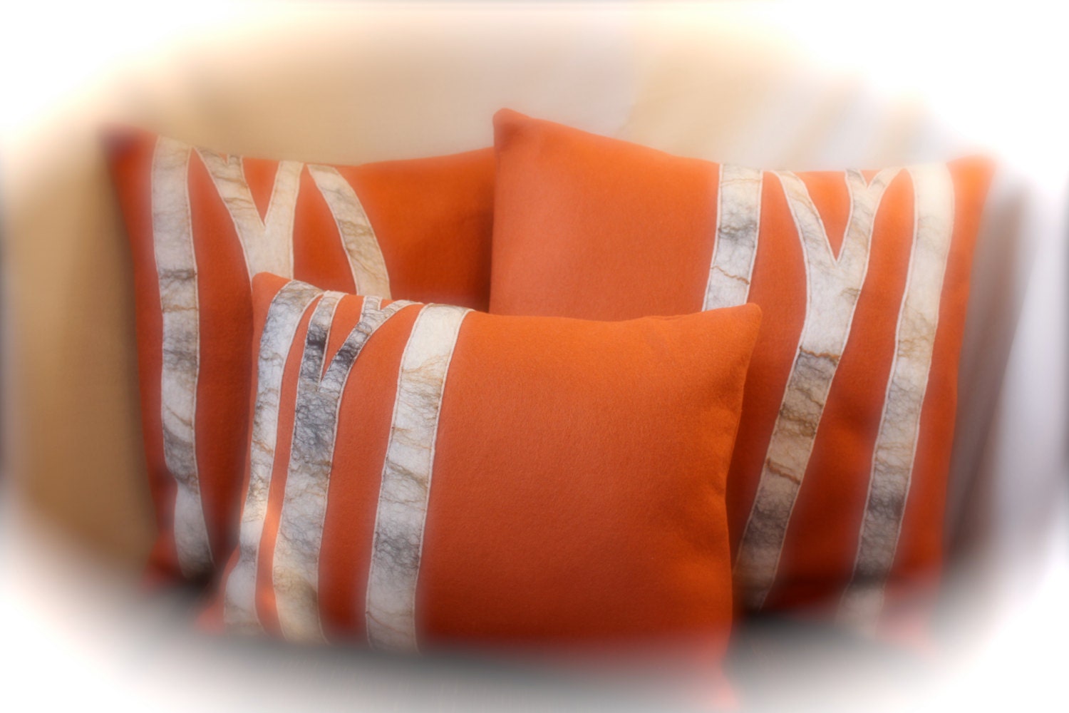 Wet Felted Birch Tree Pillows Custom Made WOOL SILK