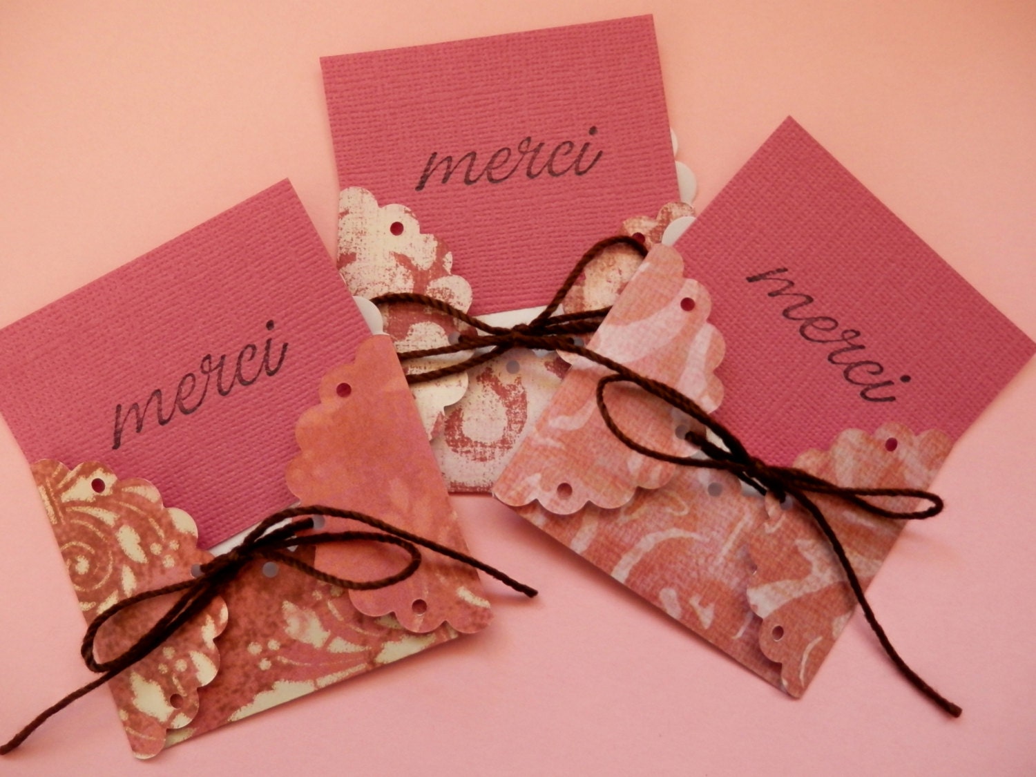 3 Handmade Mini Envelopes with "MERCI" cards