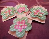 4 Handmade Flower Tags - Pink, Green, Dots, Stripes, Plaid