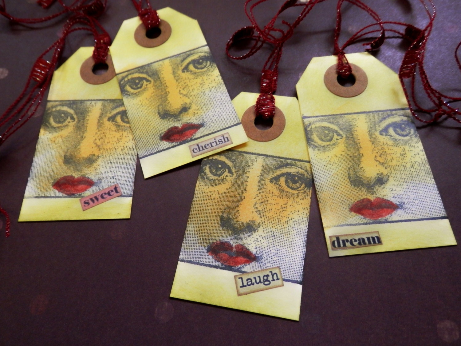 4 Handmade Stamped And Inked "MY MUSES" Tags - Word Collage