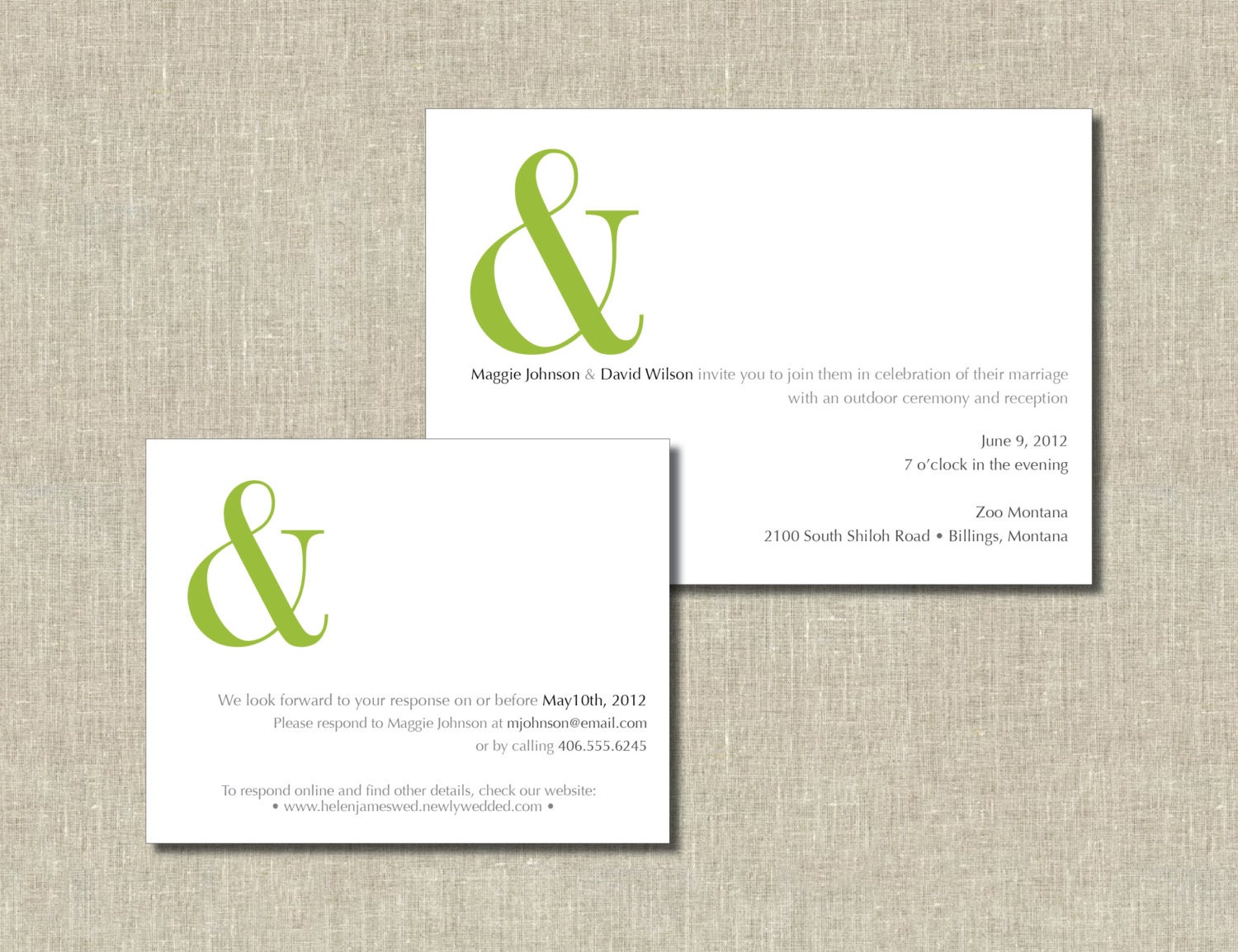 Modern Ampersand Wedding Invitation and RSVP Set - Lime Green,  Printable - Custom Color