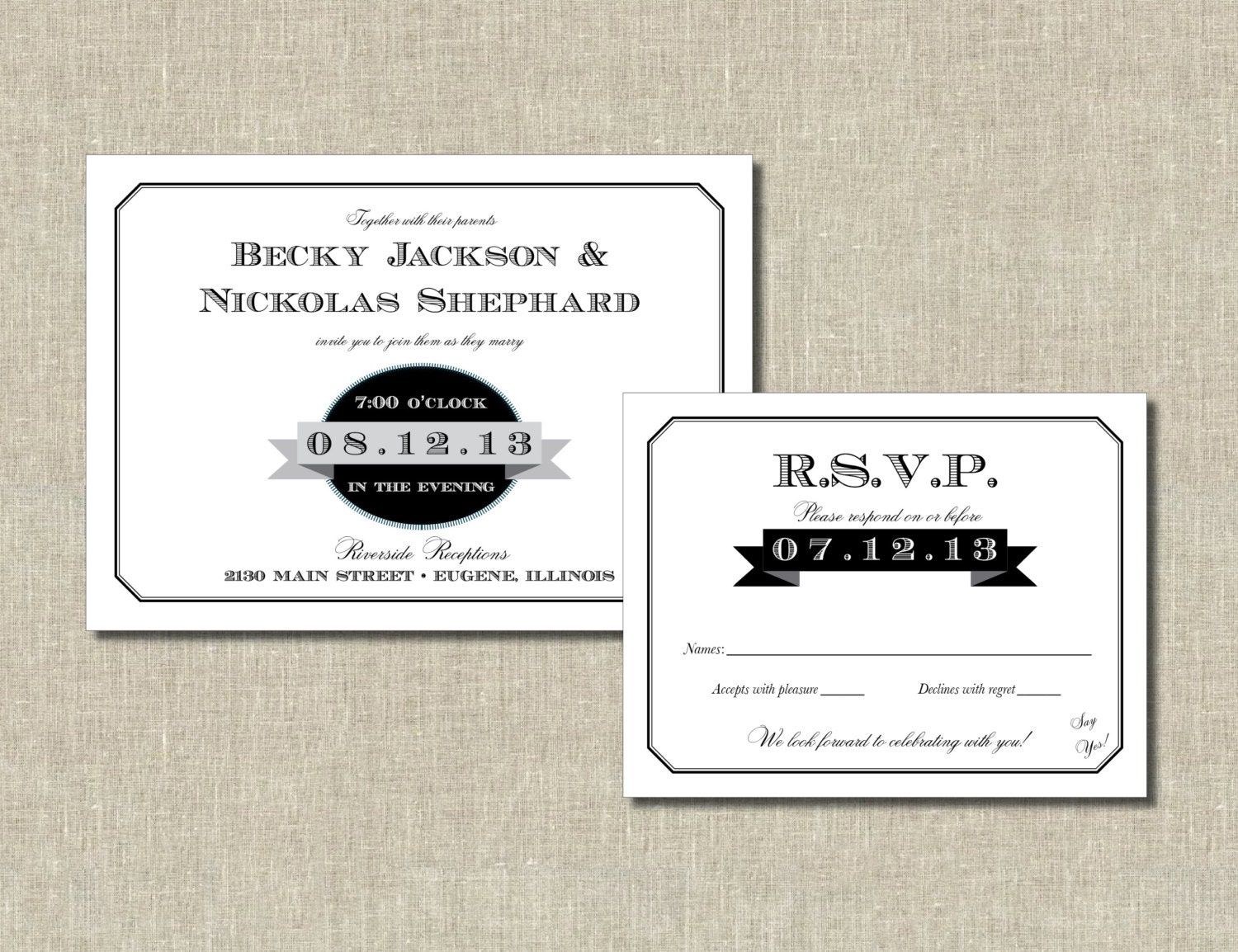 Classic banner Printable Wedding Invitation and RSVP Set - black and white - Custom Colors - WL8