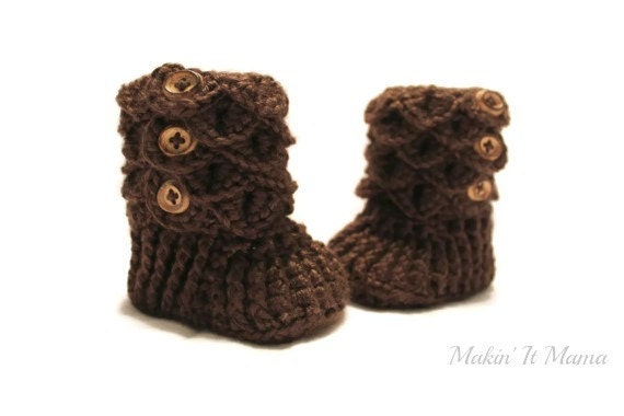 Brown Crochet Baby Slipper Booties, Crocodile Silk Bamboo Boots
