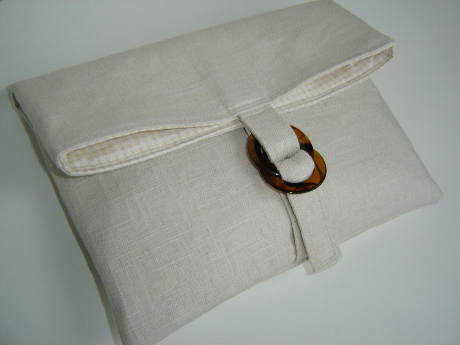 Linen look cotton large foldover clutch with tortoise buckle