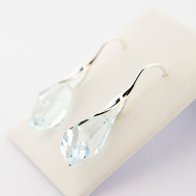 Pale Blue SWAROVSKI ELEMENTS Crystal Dangle Earrings: Polygon Drop Crystals On Sterling Silver Earwires