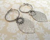 Steampunk Earrings - Silver Leaf Gear Hoop Earrings - Woodland Earrings - Steampunk Jewelry - Upcycled Jewelry - Leaf Earrings