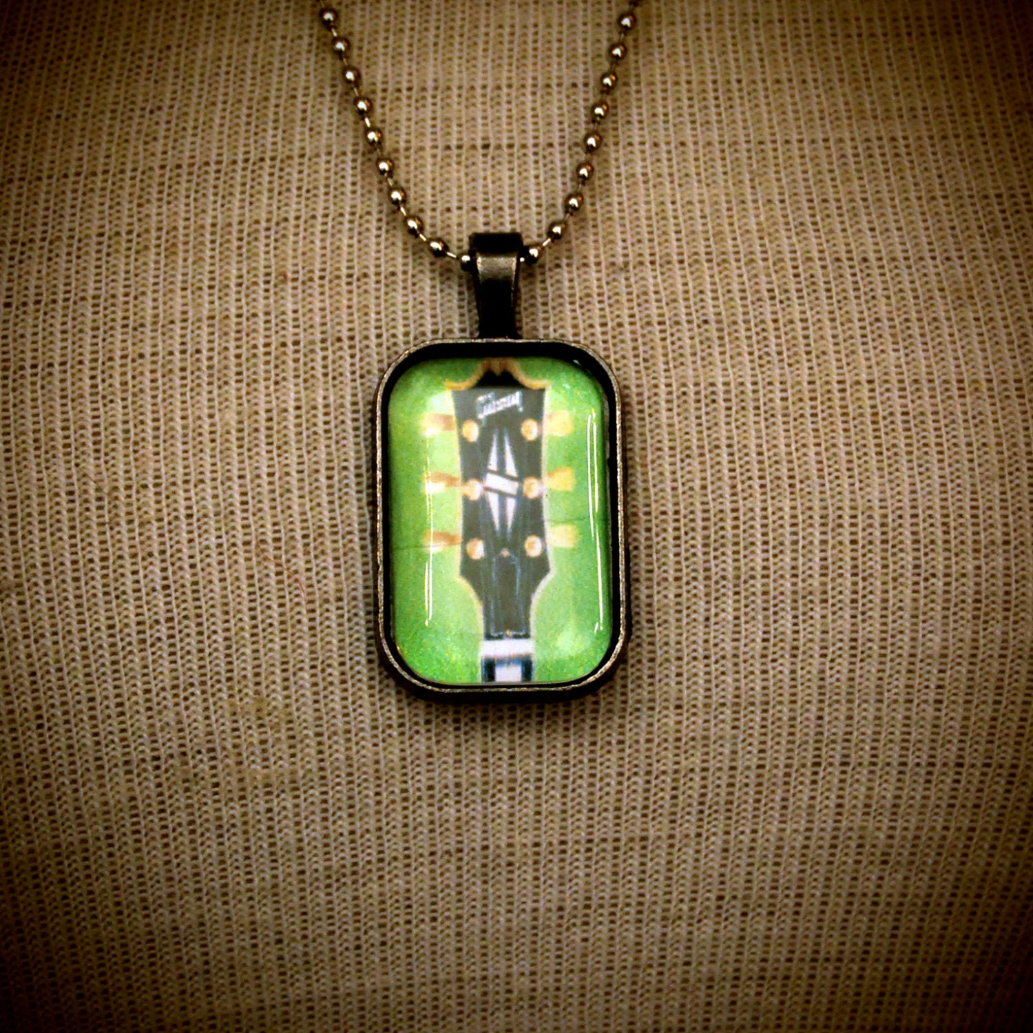 guitar necklace / mens music jewelry / green gibson guitar art design / gift for guy / gift for him / gift for boyfriend / hipster jewelry