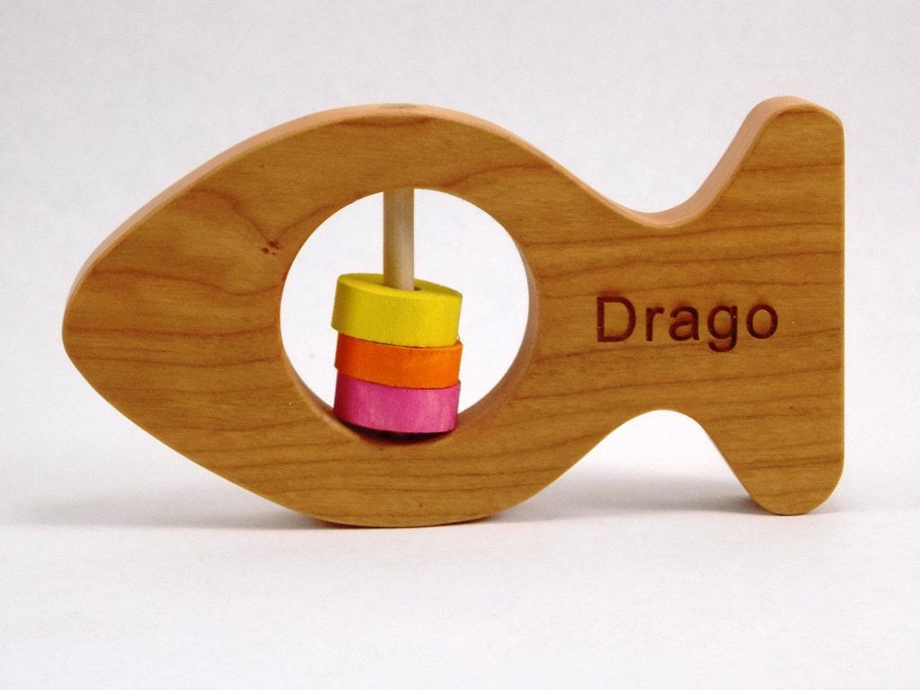 Personalized Baby Rattle - FISH shaped baby rattle toy, organic and natural baby toy