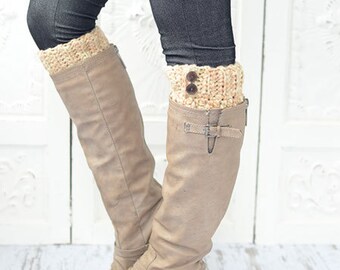 The MiNi Knitted Boot Cuffs Multi-Color Ivory Yarn Short Leg Warmers Faux Boot Socks with Accent Buttons and READY TO SHIP