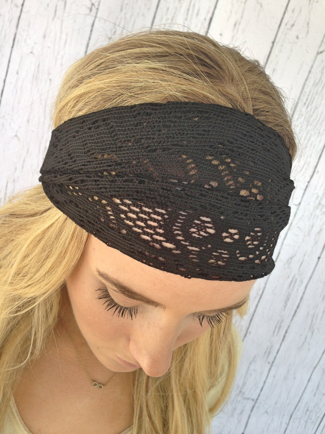 Black Wide Lace Headband Black Crochet Cotton Lace Fabric Wide Headband Stretchy Turband Head Wrap