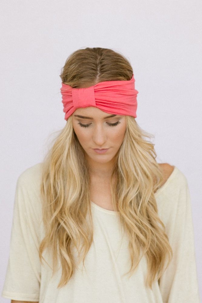 Wide Turband Headband - Sparrow Headband in Melon Stretchy Jersey Hair Band Ruched with Fabric Wrap