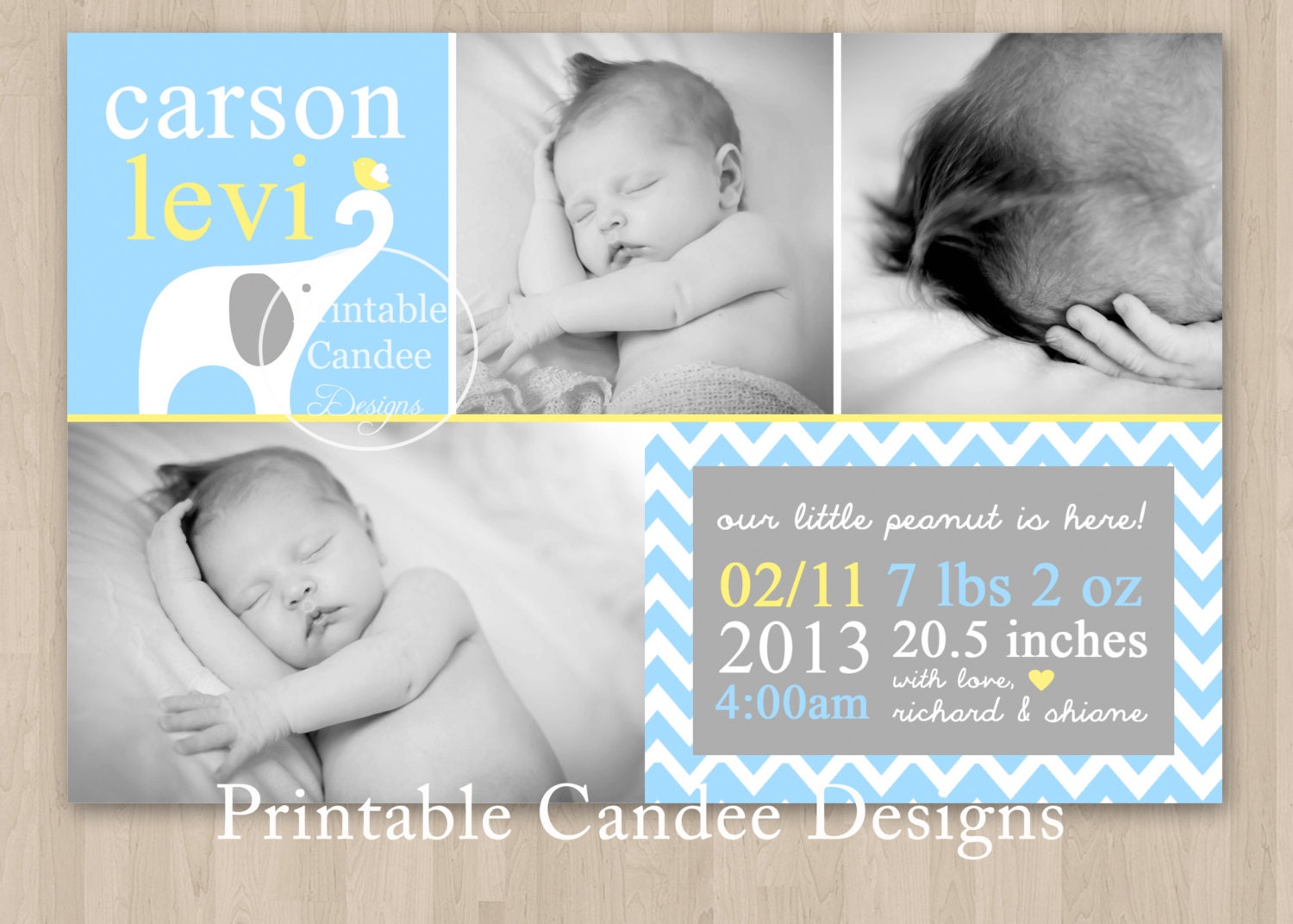 Elephant Baby Boy Birth Announcement Photo Card - DIY Custom Printable