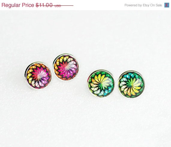 ON SALE Spyral Earrings, Stud Earrings, Colorful Earrings, Rainbow Earrings, Silver Brass Earrings, FREE shipping