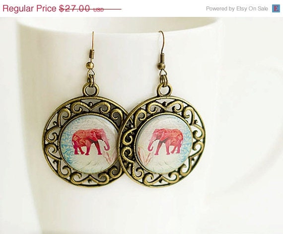 ON SALE Vintage Elephant Earrings, Red Elephant, Delicate Earrings, Filigree Earrings, FREE shipping