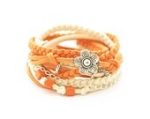 Wrap Bracelet, Leather wrap, Beige and Orange Boho bracelet, suede, double wrap, boho chic
