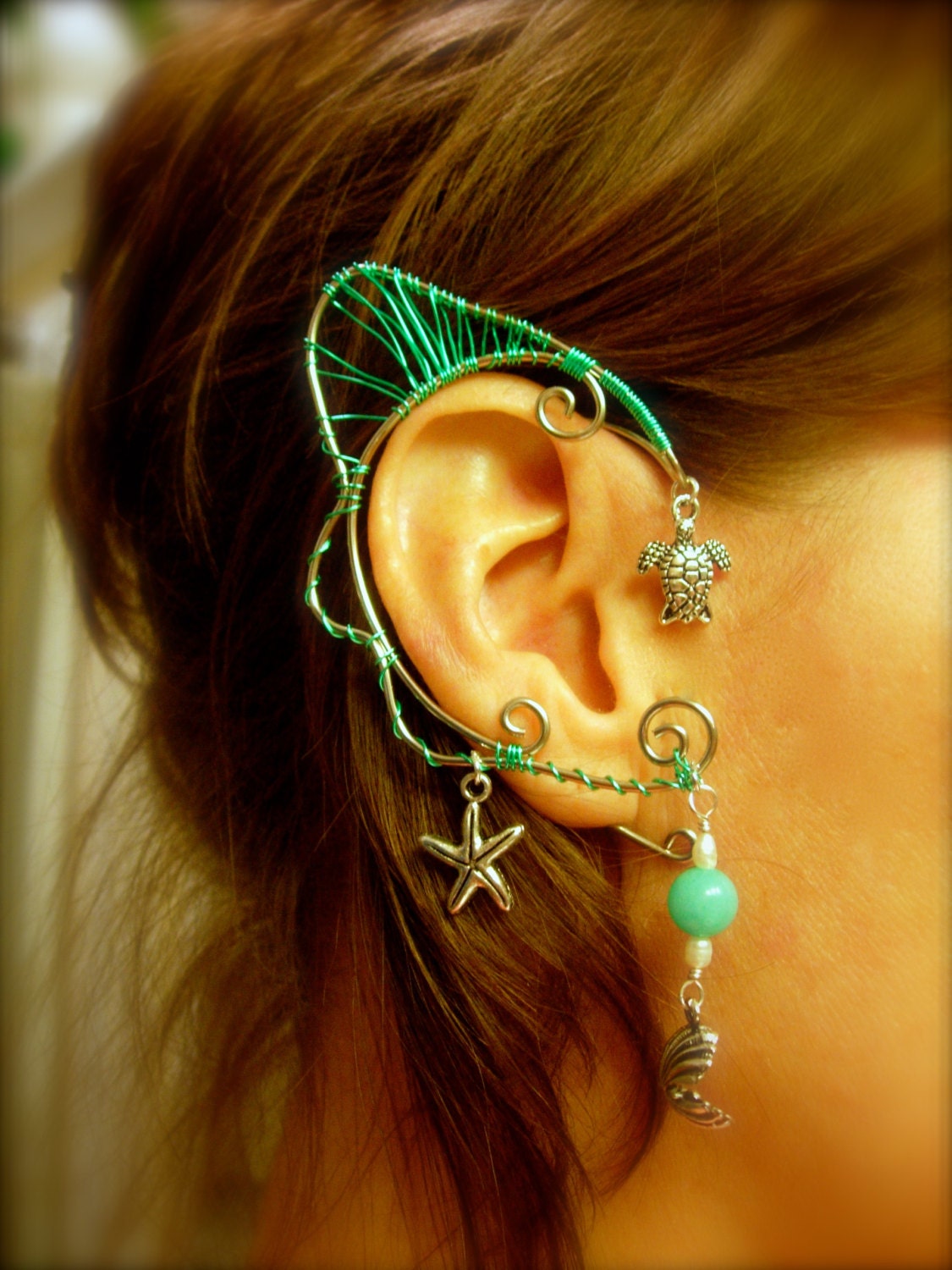 Pair of Mermaid Ocean Inspired Elf Faerie Ear Cuffs with Starfish, Sea Turtles, Clam Shells complete with pearls and Azurite