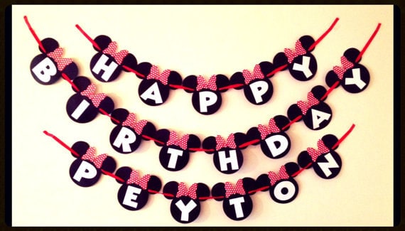 SALE - Simple Minnie Mouse Birthday Banner - Red or Pink Bow - Zebra - White Letters - Mickey Mouse Font - Mickey Mouse Banner