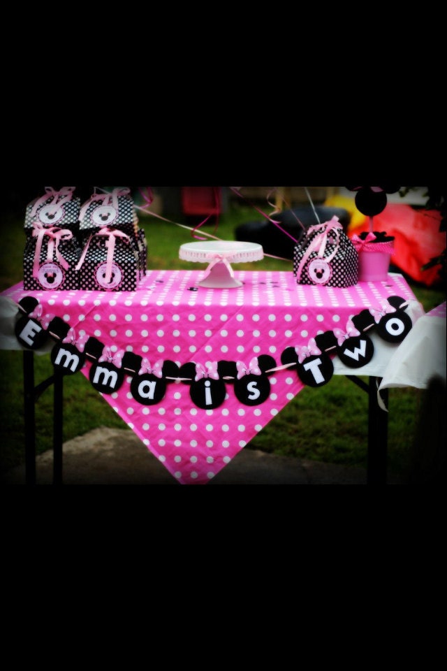 SALE - Simple Minnie Mouse Birthday Banner - Red or Pink Bow - Zebra - White Letters - Mickey Mouse Font - Mickey Mouse Banner