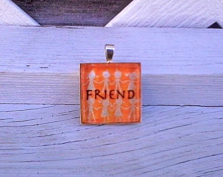 FRIEND, orange and white pendant, with silver necklace