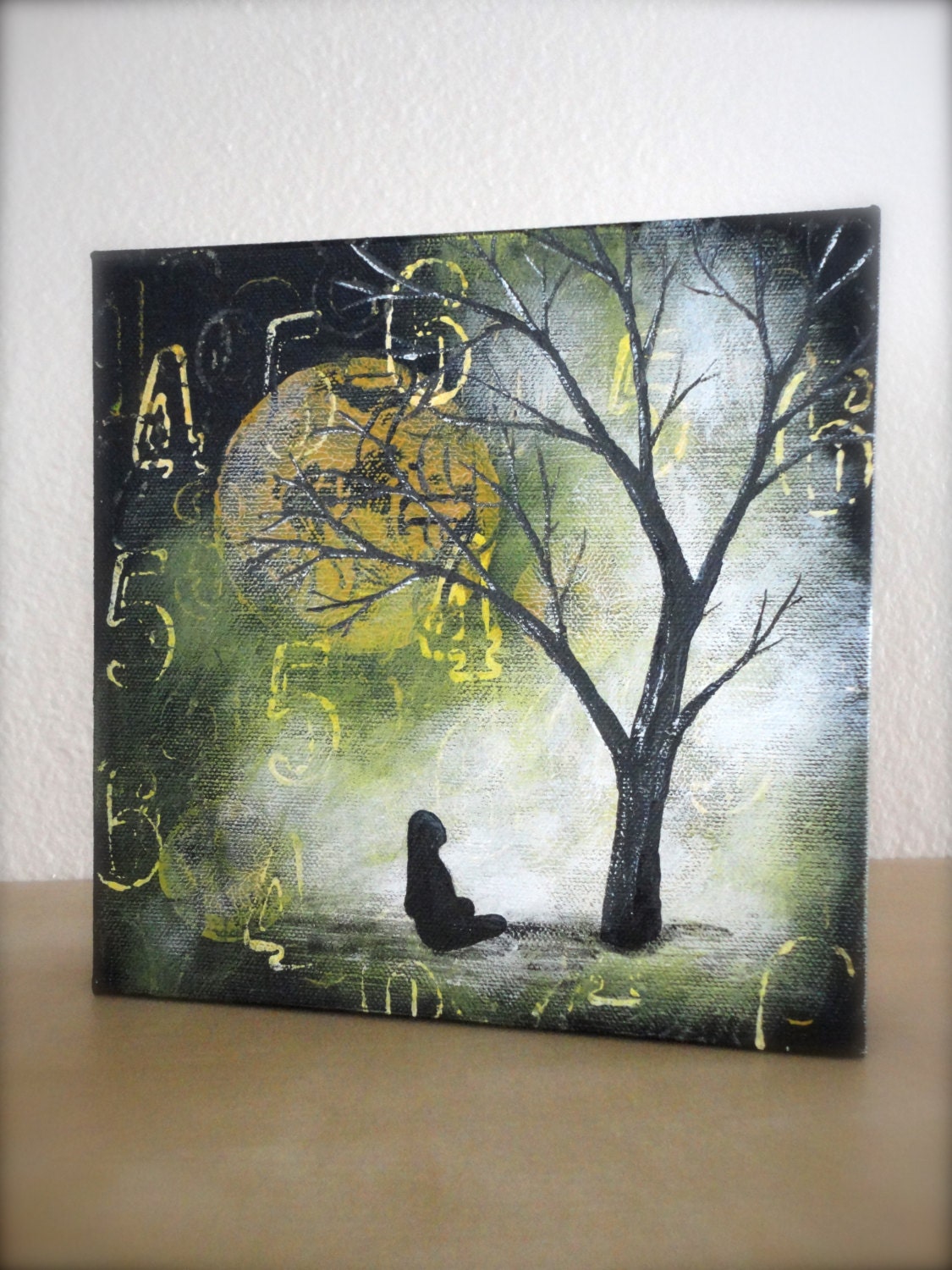 8"x8"x1.5" Freestanding surreal acrylic painting on canvas-Girl Sitting under Black Tree-Stamped Moons and Numbers
