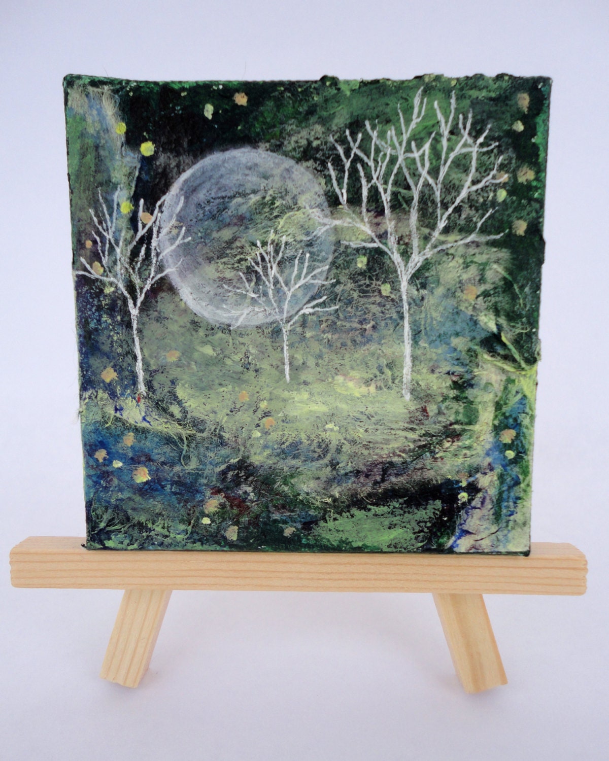 Green and Yellow Mixed Media Mini Painting-Fireflies-Ghost Trees