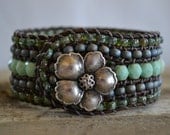Surfer girl beaded cuff bracelet "Aqua/Mint, Charcoal and Sea foam", Brown leather, very rustic-boho chic, bohemian, gypsy