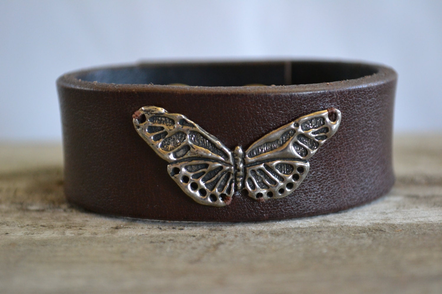 Leather cuff bracelet, Butterfly, repurposed leather, rustic bohemian