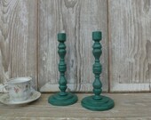 Tall Distressed Teal Painted Candlesticks