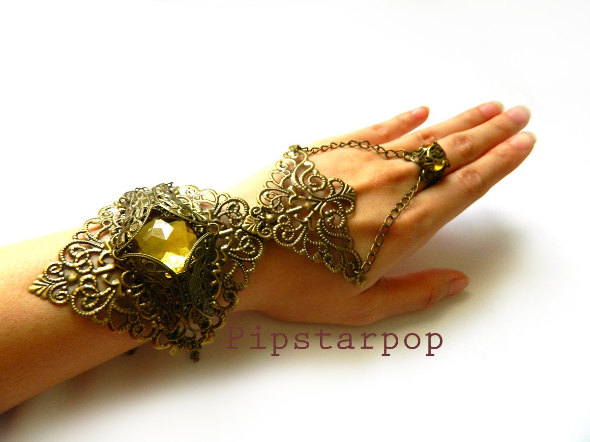 Steampunk filigree bracer armor jewelry (Peridot YELLOW) Bronze Metal filigree lace bracer / Slave Bracelet - Customizable gem color