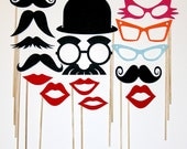 Photo Booth Party Props Mustache On A Stick  Fun Weddings, Birthdays -  Photography Prop Mask -Lips, Derby Hat And Retro Colored Eye Glasses