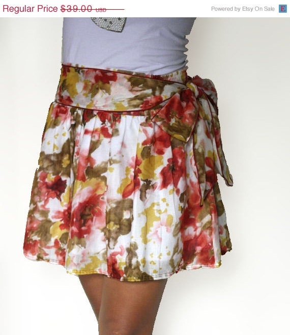 ON SALE Summer Skirt in pastel color coral and mustard yellow Mini Skirt With Sash