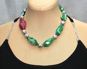 Emerald Green&Ruby dyed Druzy Agate with Geode Inclusions, Jade, Swarovski Elements, Golgfilled, Sterling Silver, Elegant Statement Necklace