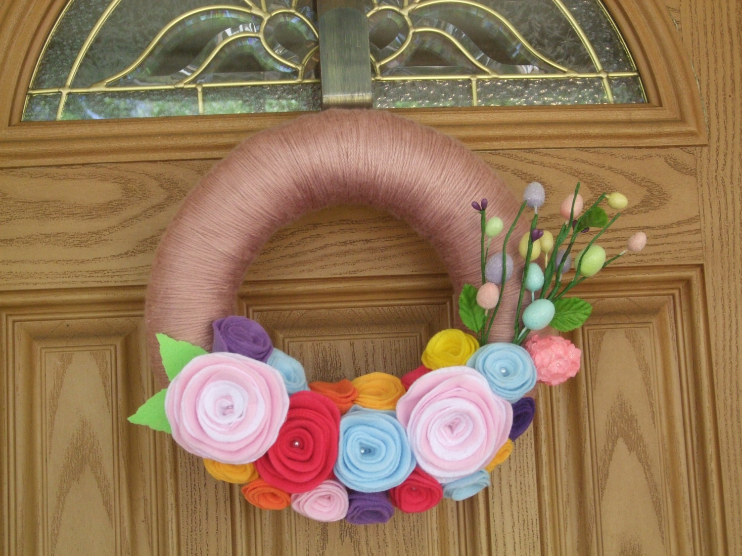 Easter Egg Patch Wreath-Easter Decoration-Easter Decor-Spring Wreath- 12 inch Pink Yarn Spring Wreath