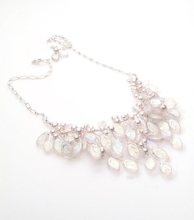 White Bridal Necklace, Bib Necklace, Vintage Style Jewelry Wedding Jewelry leaves, pearls crystals long cascades