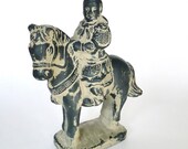 Vintage Horsemen Figurine Slate Navy Greek Key Adorned Ceremonial Rider Asian Inspired Chinoiserie Chic Eclectic Home Decor Collectible