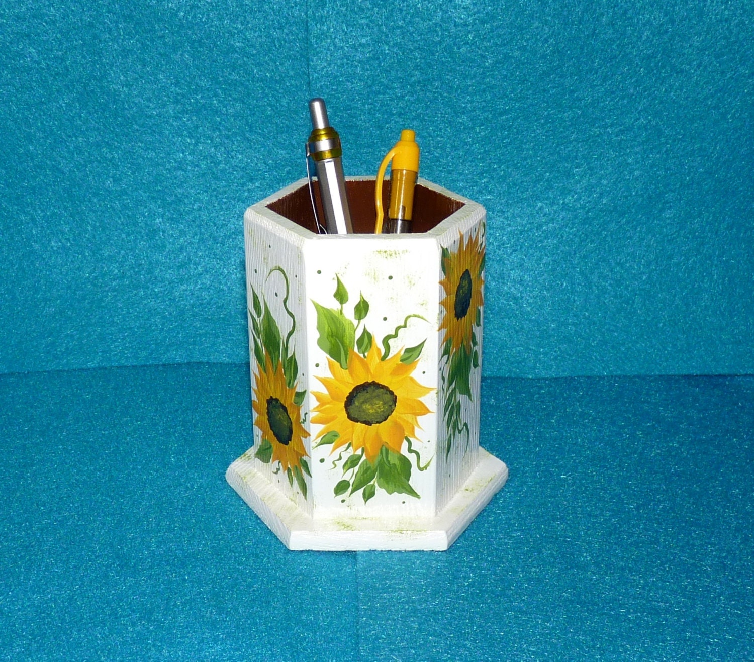 Pen Holder Wooden Desk Organizer Pencil Holder Wood Cup Hand Painted Sunflowers Decorative