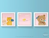 Nursery art print. A little bunny and a kitten phoning their friend Teddy bear on a pink background with dots, 12x12, Art print.