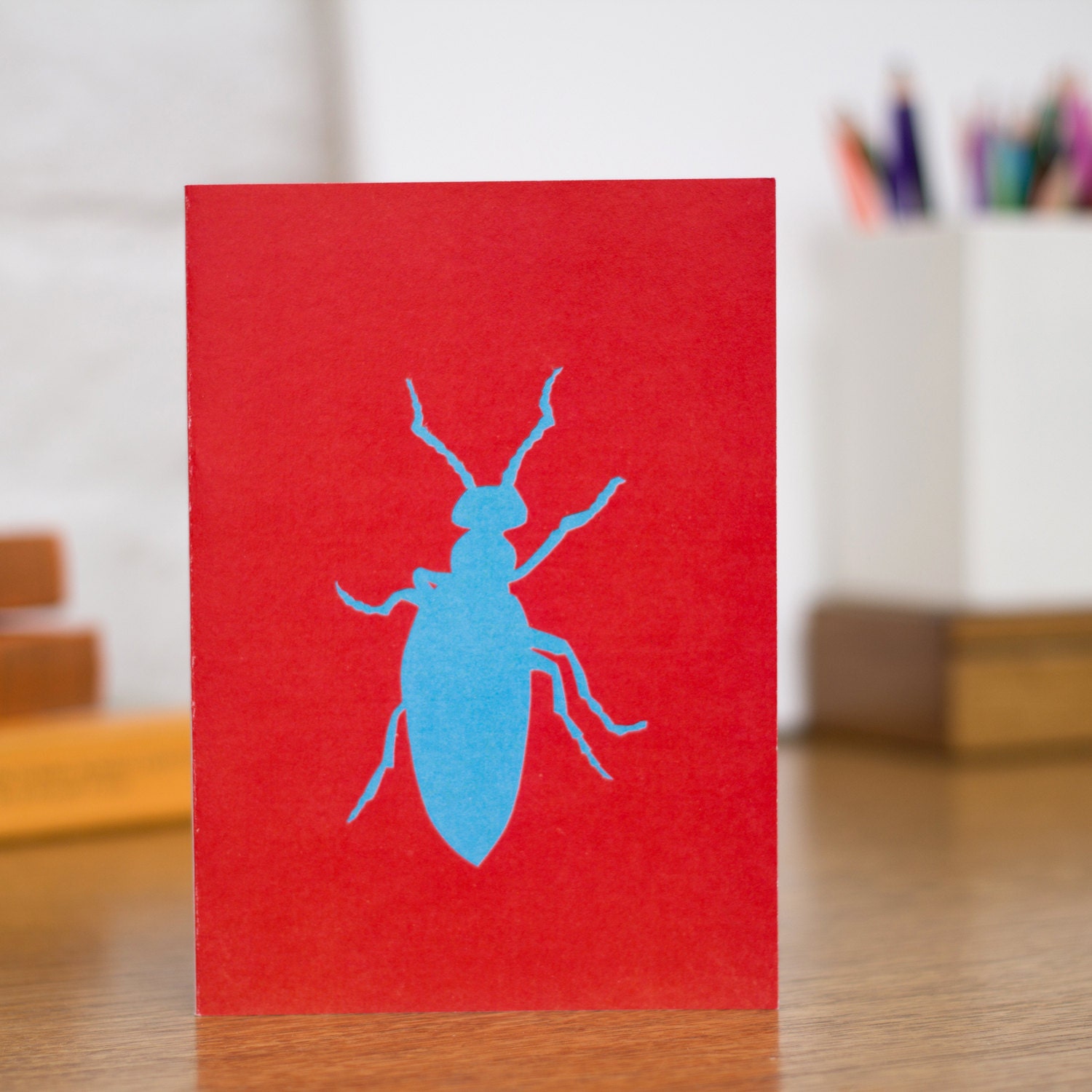 Oil Beetle - insect themed Greetings Card in red and blue