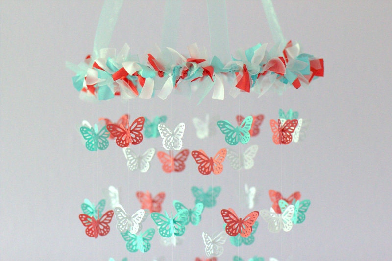 Coral, Aqua & White Butterfly Nursery Mobile- Nursery Decor, Baby Shower Gift