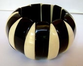 Deco Galalith Black White Melon carved stretch wide bracelet Chunky Massive statement French Bakelite bracelet