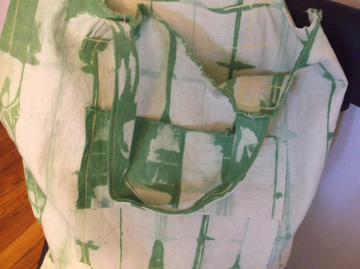 Shoulder Tote, Canvas, Cloth, Tie dye, kelly green/green, beige - Large Sz.