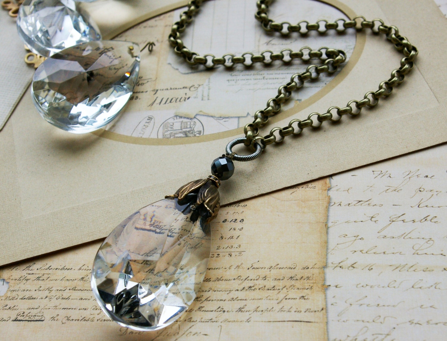 Antique Crystal Pendant Necklace, Super Sized Crystal on a Long Chain